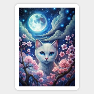 Moonlight Cherry Blossom Japanese White Cat Sticker